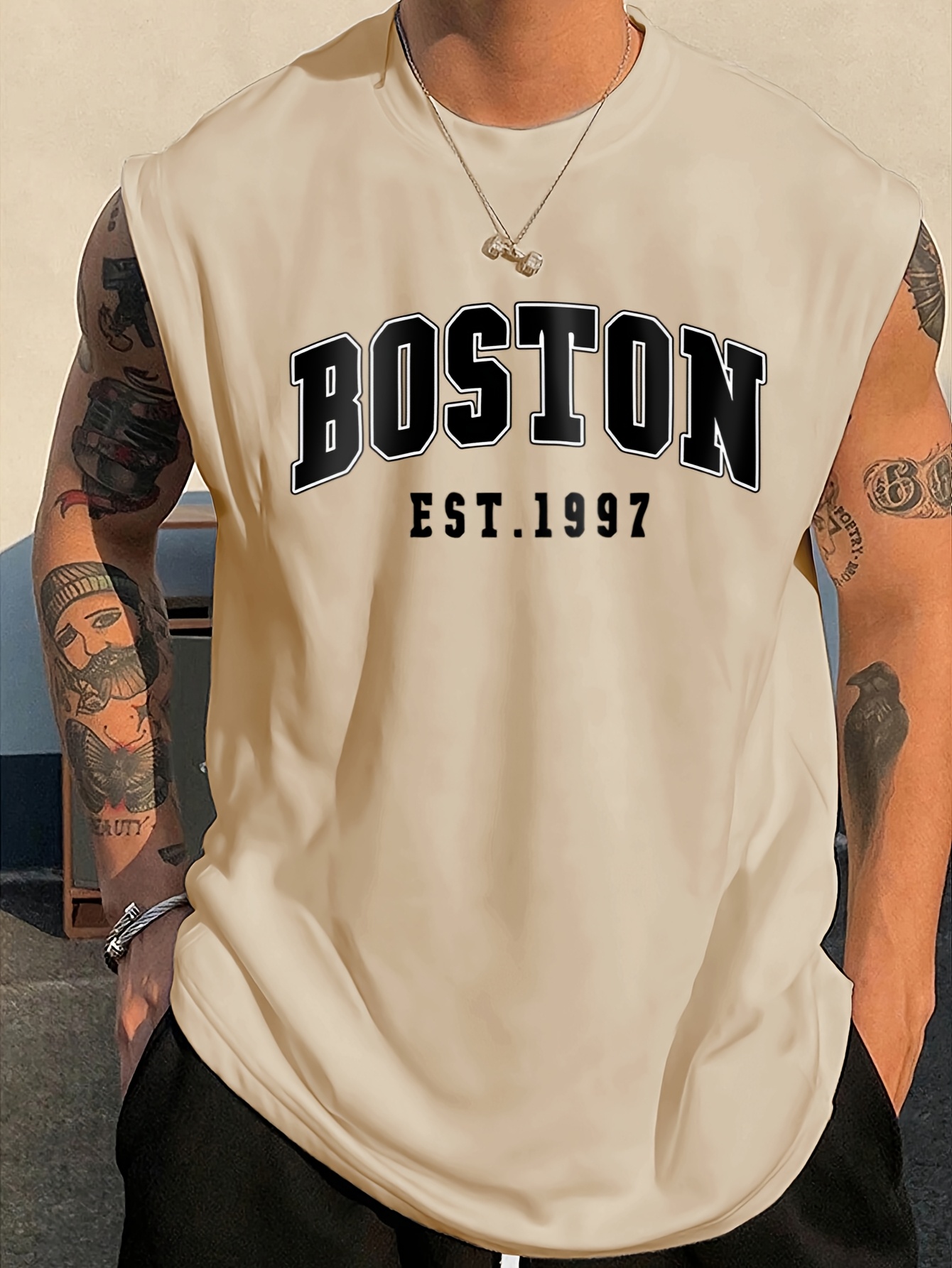 OBM Same Bond Men's Sleeveless Athletic Tank Top with Boston EST. 1997 Print - Black & Golden, Regular Fit, Machine Washable, All-Season Workout & Casual Wear, Sports Apparel, Sporty Look, Nontransparent Fabric