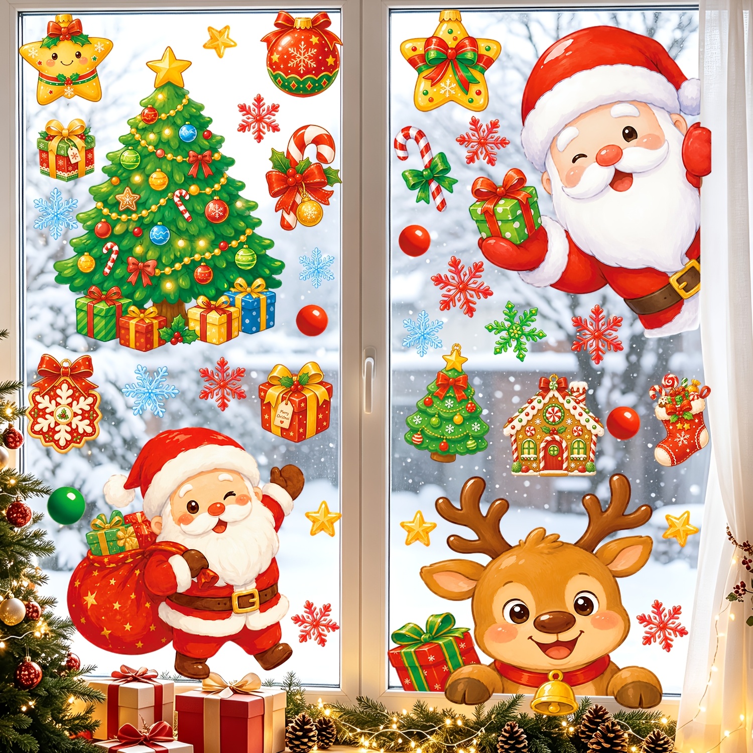 TEMU 4 hojas de 35 pegatinas navideñas estáticas para ventanas, diseños de Papá Noel, reno, árbol y copo de nieve, decoración de cristal reutilizable
