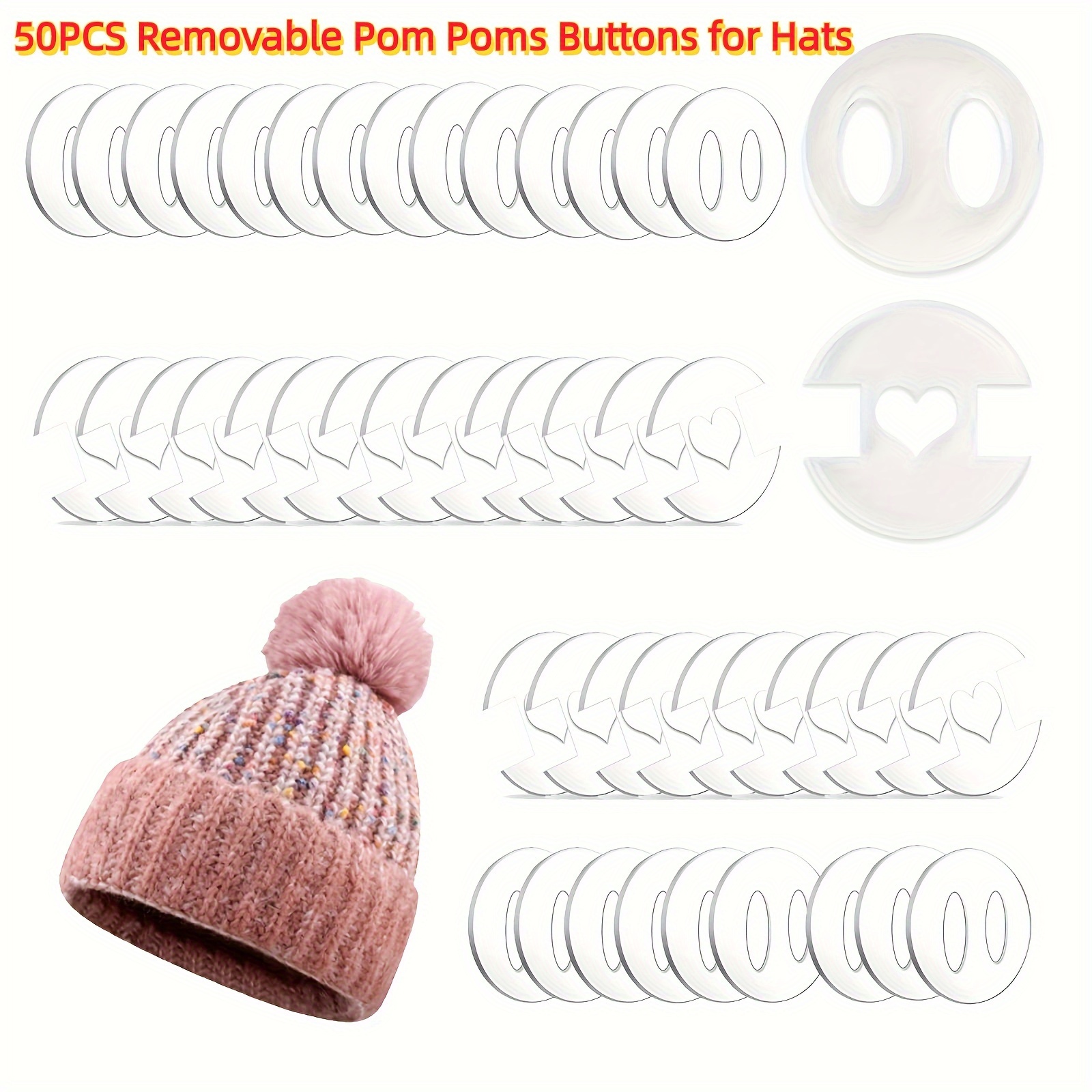

50pcs Removable Pom Poms Buttons For Hats, Pom Pom Holder Knitted Hat Making Fastener Tools, Pompom Holders Hat Button For Knit Beanies And Toques Decorations