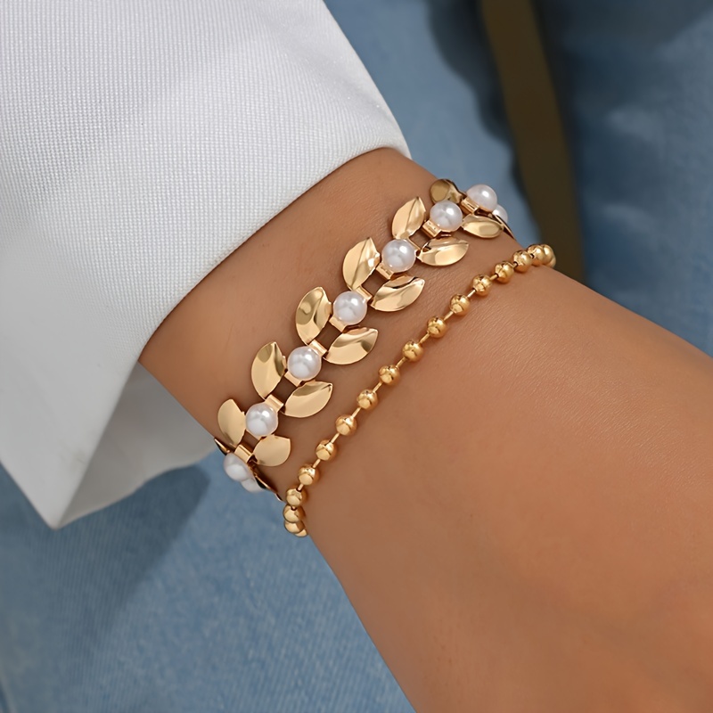 

2pc Golden Fashion Women's Wheat Shape Bracelet With Elegant Faux Pearls, Vintage Style Adjustable Charm Bangle Set