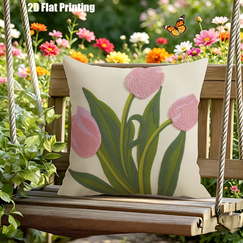 2D Flat,Terrace Cushion Cover,1pc 18X18 Inches Quare Pillow Cover, Embroidery Features Three Pink Tulips with Green Leaves and Stems.,Decoration, Gifts,Valentine Festival Gifts,Outdoor Indoor,Garden Decoration, 2D Flat