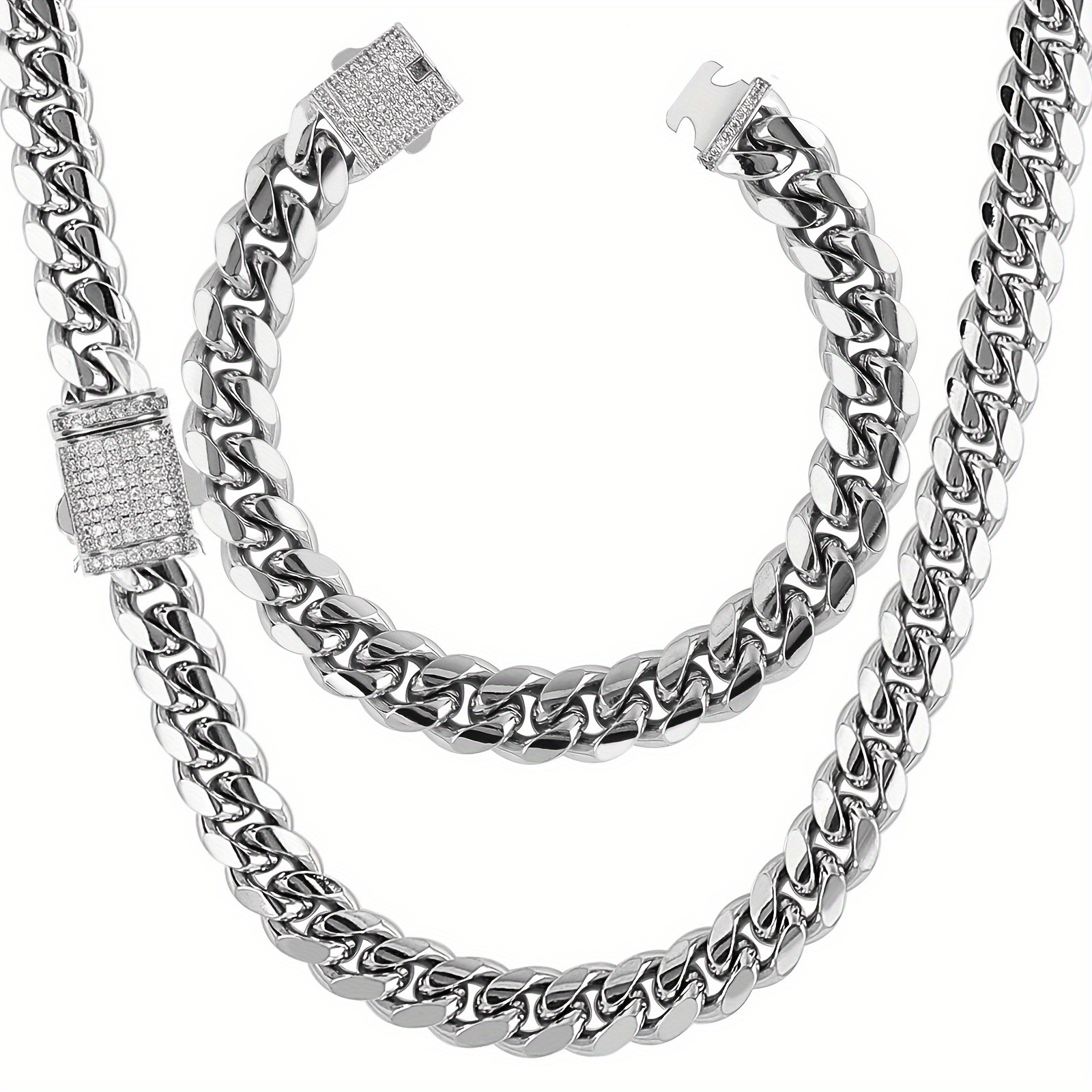 

2pcs 18k White Gold Plated Stainless Steel 10mm Men Cuban Link Chain Cubic Zirconia Cut Faux Ear Buckle Necklace Bracelet Hip Hop Jewelry Set