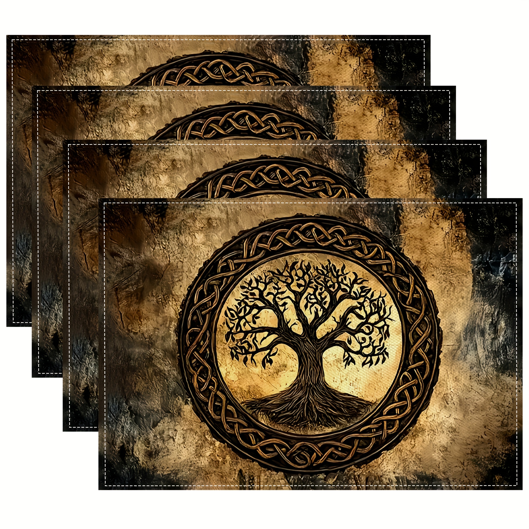 Set Of 4, Tree Of Life, 100% Rectangular Linen, Hand Washable, Restaurant, Kitchen, Party, Indoor Decoration Trend Pattern