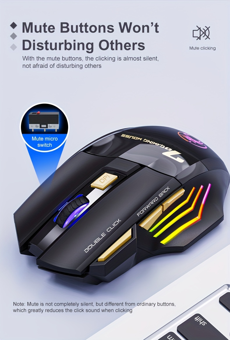 USB Wiederaufladbare Maus mit 7 Tasten, 2.4G Leiser Betrieb, 7-Farben Atmungsaktive LED, Kabellose Gaming Maus, Ergonomisches Design mit RGB Hintergrundbeleuchtung, Geeignet für Laptops