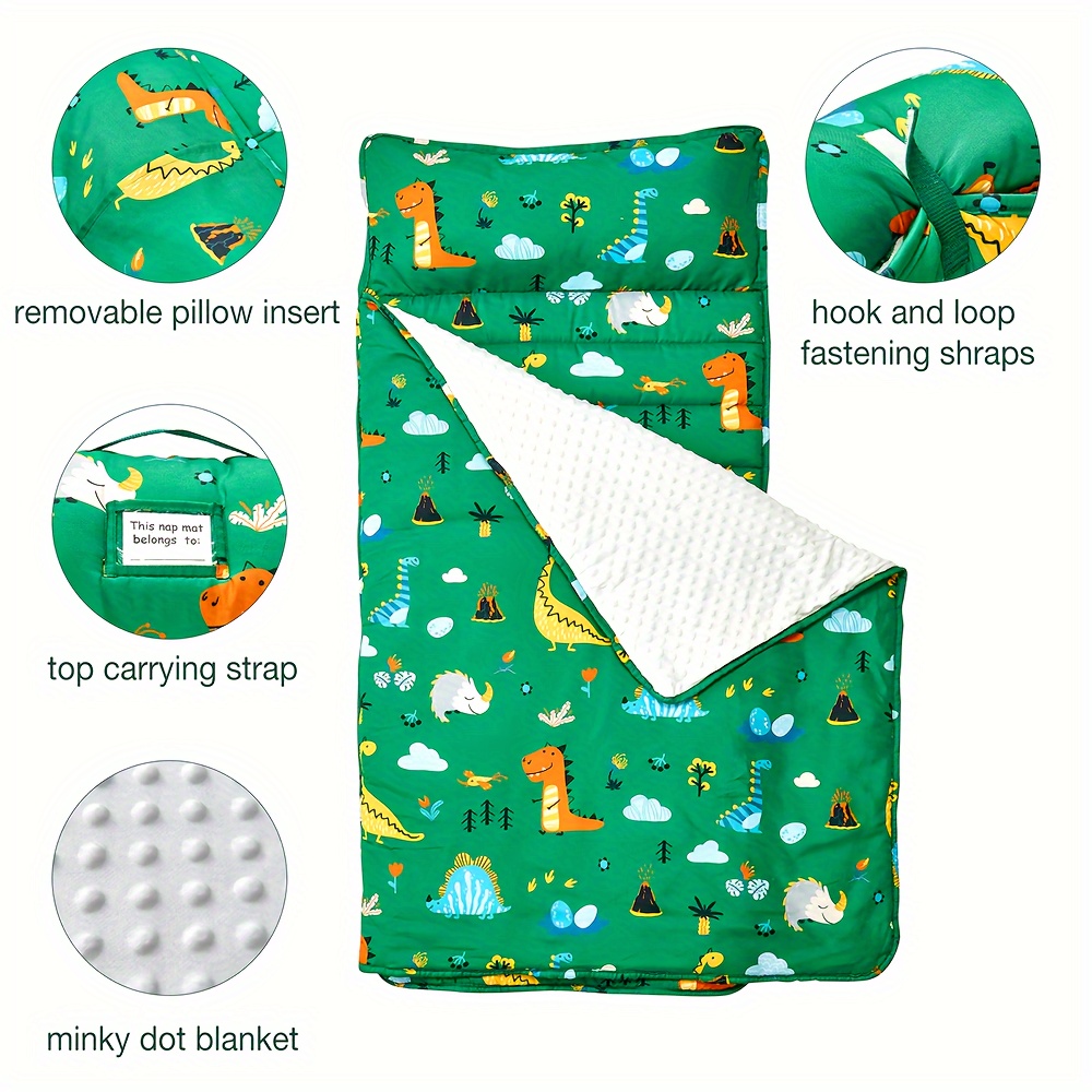 1pc   dinosaur print nap mat with pillow and blanket polyester sleeping bag foldable portable moderately soft non washable for daycare travel camping 3 6 years ideal christmas gift details 2