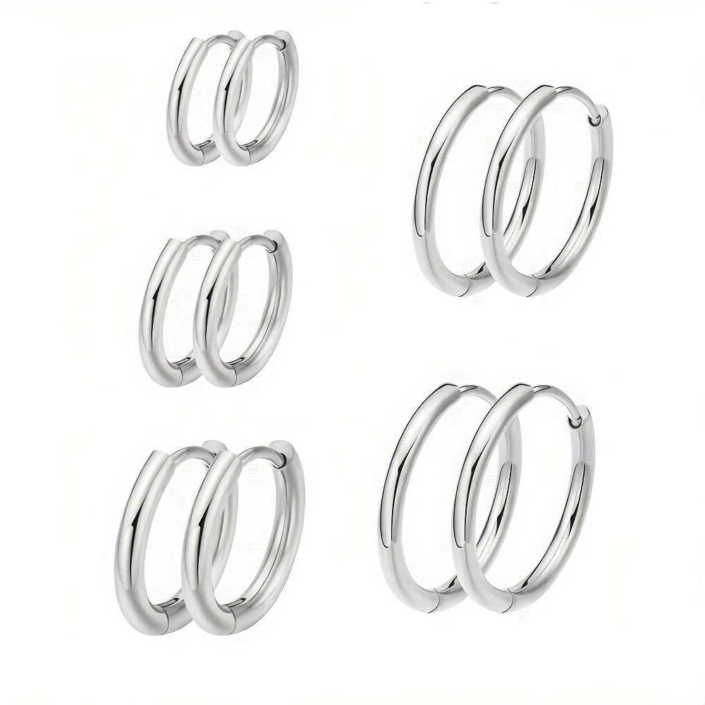 TEMU 5-pair/set Premium Titanium 304 Stainless Steel Hoop Earrings, Versatile Round 304 Stainless Steel Earring Studs For Ear Piercings, 10pcs