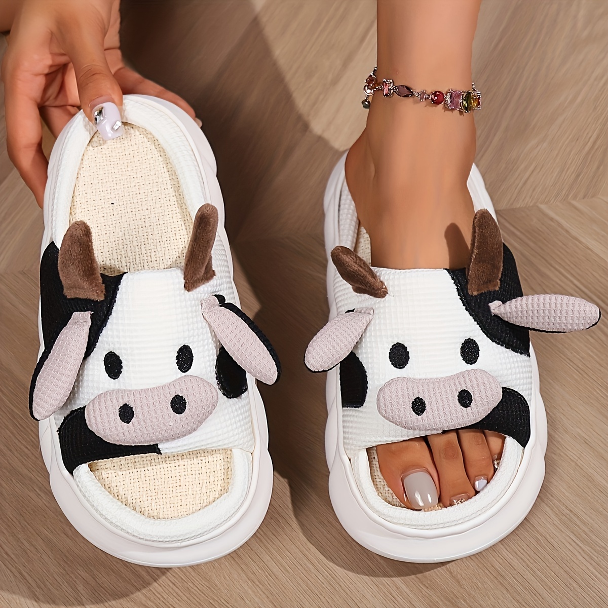 

Cute Cow Linen Slippers, Summer Indoor Breathable Soft Sole Slides, Home Open Toe Cozy Shoes