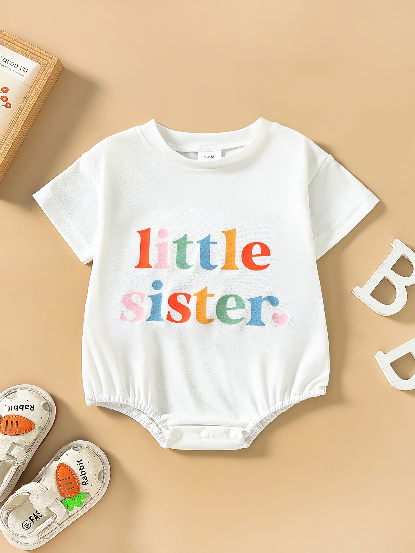 babys little sister colorful letter print   bodysuit casual short sleeve romper toddler infant girls outdoor onesie for summer as gift white 0