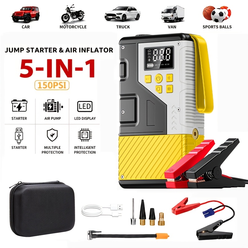 TEMU Avviatore di Emergenza Portatile per Auto con Compressore d'Aria, , del Veicolo, Gonfiatore Digitale per Pneumatici 150PSI, Torcia LED di