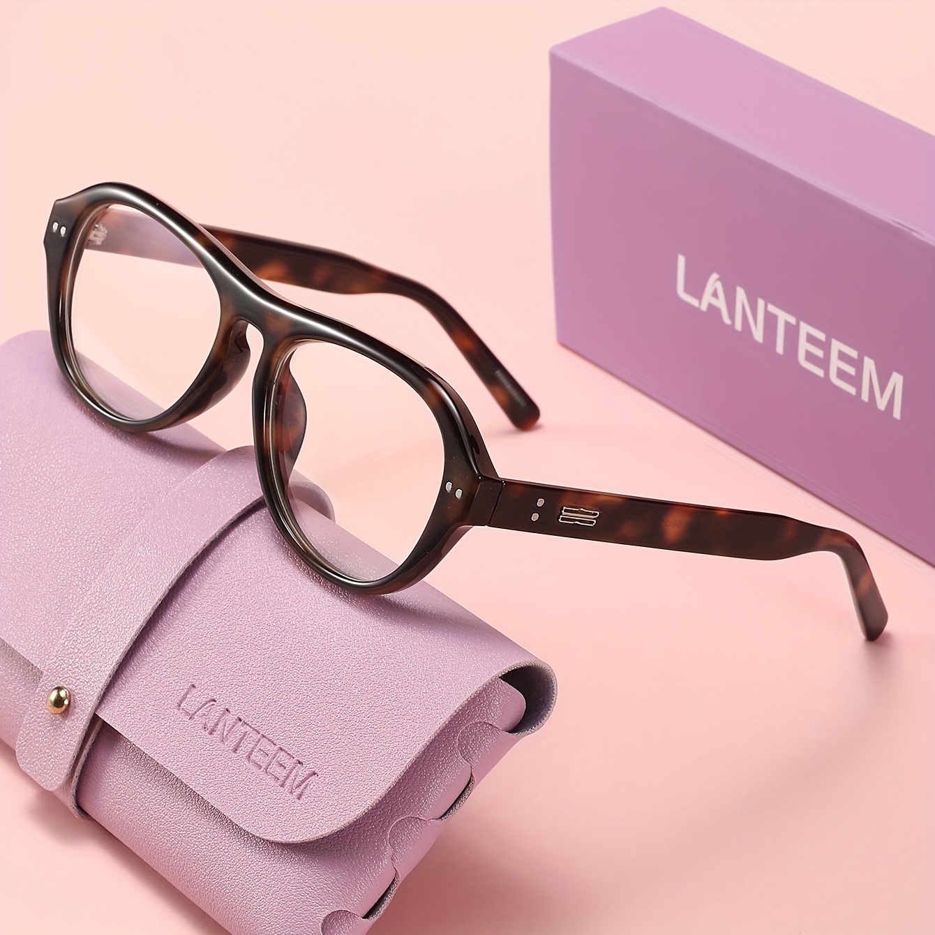 TEMU 1 Pair Lanteem Women's Tortoiseshell Glasses With & Protective Cover - Y2k Bohemian Round Suitable For, Office, Parties, Daily Wear - Clear Non-