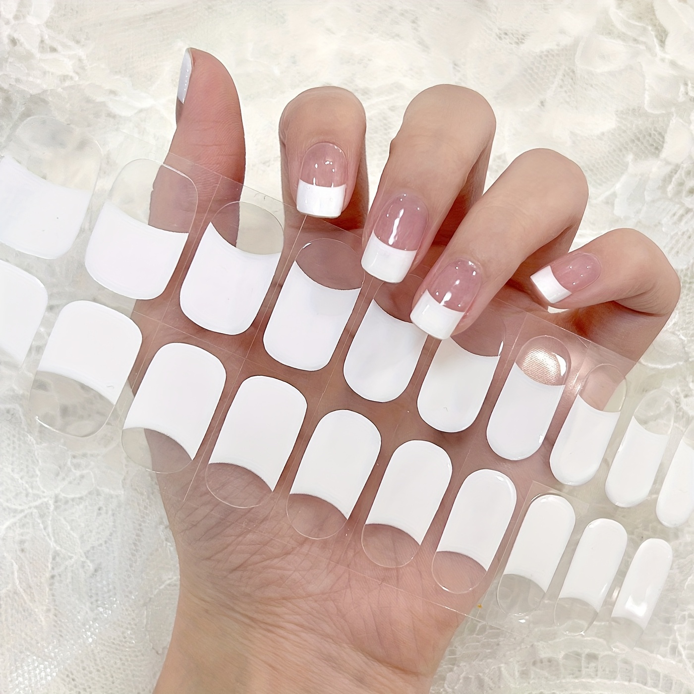 TEMU 22pcs French Nail Stickers - White & Pink, Easy-to-apply & Remove, Hypoallergenic, Glossy Finish, , Nail Art Stickers | Elegant Nail Design | Glossy Finish Nails, Nail Art Decor