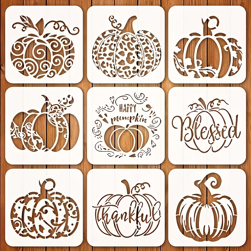 TEMU 9 pochoirs réutilisables de peinture de citrouille, modèles d'artisanat d'Halloween et de Thanksgiving pour tissu, toile, meubles et décoration