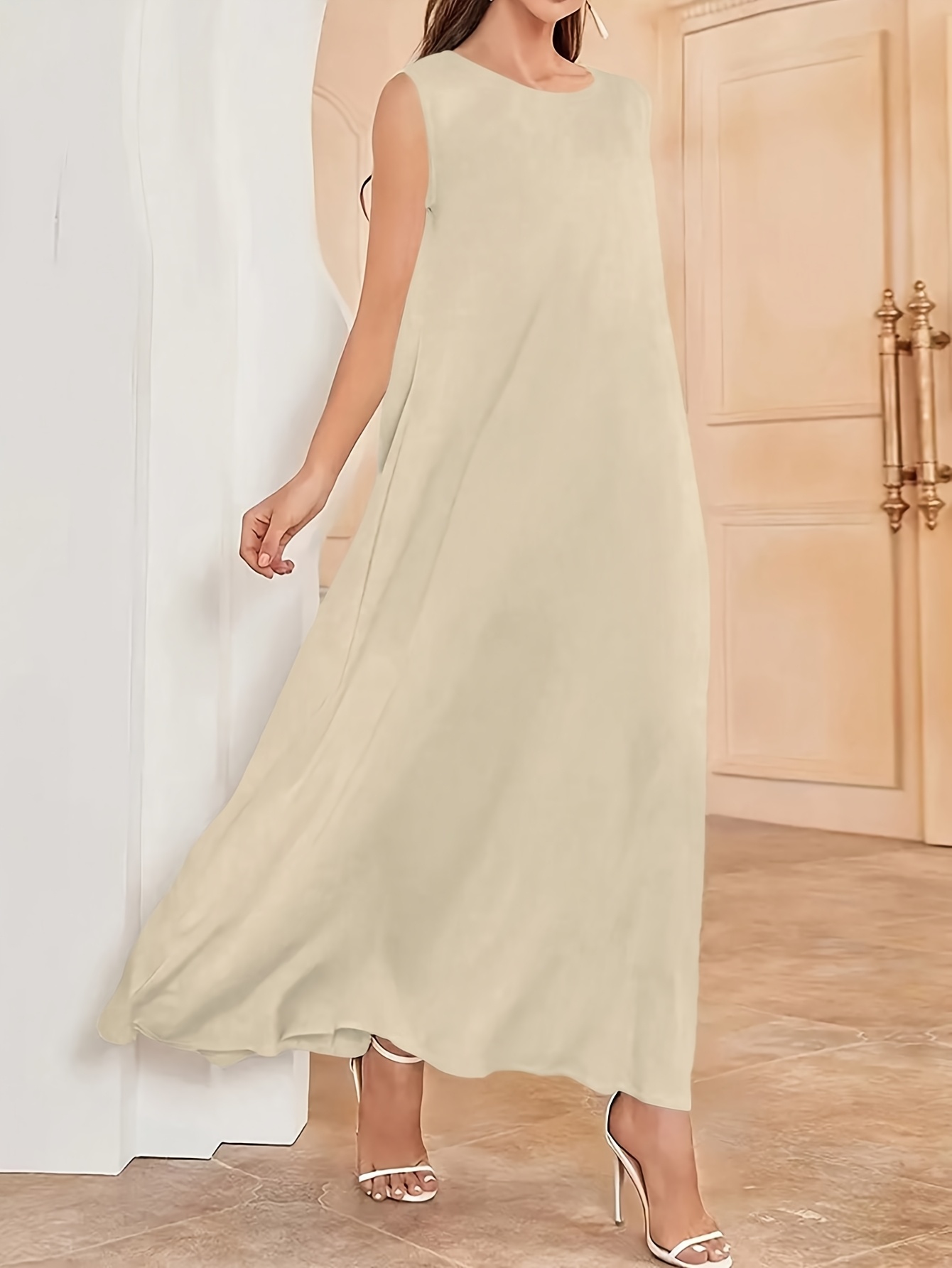 elegant sleeveless maxi kaftan dress solid beige fitted crew