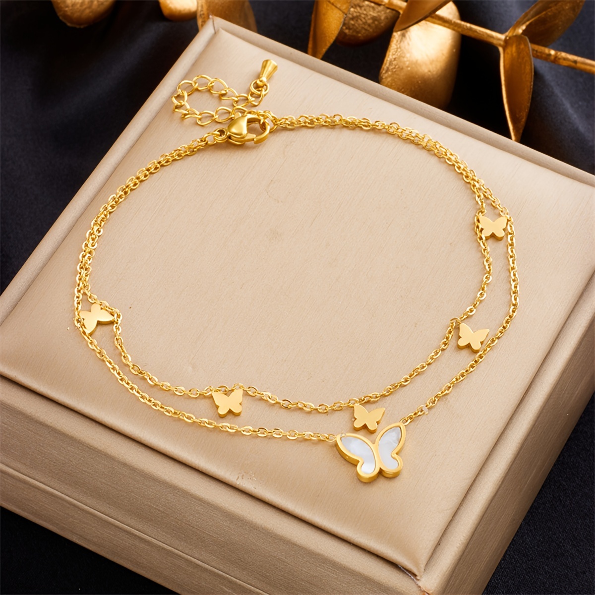 

Elegant Stainless Steel Double-layer Anklet With Butterfly Charm - Summer Fashion Foot Chain For Daily Wear