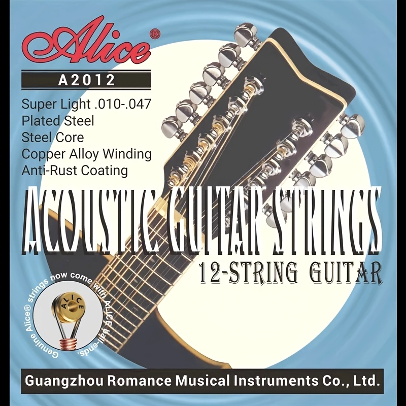 TEMU Jeu de cordes pour guitare folk 12 cordes A2012, cordes plates en acier revêtu, âme en acier, alliage plaqué cuivre (revêtement anti-corrosion