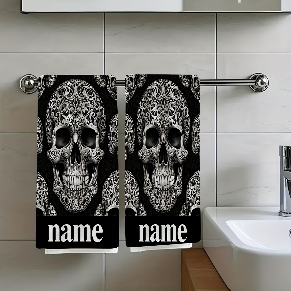 TEMU 2pcs Customizable Black And White Design Towels - Ultra-absorbent Microfiber, Quick-dry & Soft - Valentine's Day, Anniversaries, Parties, And