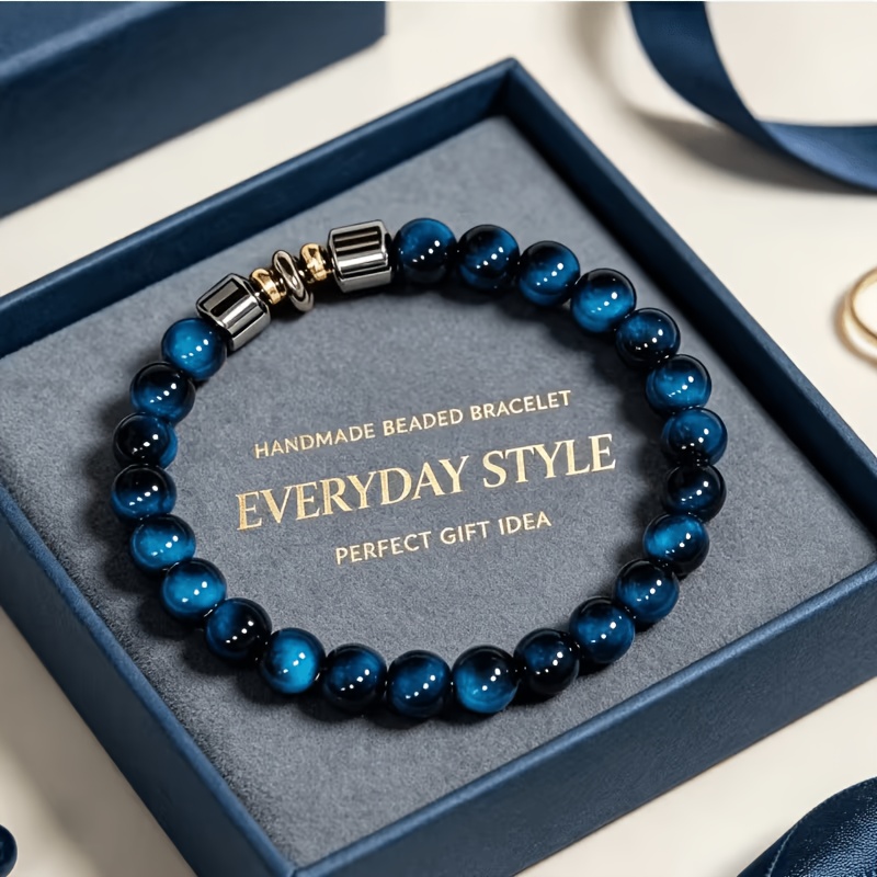 TEMU Élégant bracelet en agate bleu et onyx noir. Résistant à la décoloration, bracelet réglable. Convient aux hommes et aux femmes pour toutes les