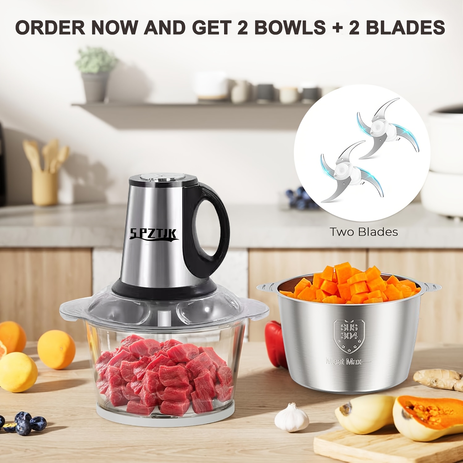 electric food chopper with 2 bowls 12 5cup 12 5cup and 2 blades 102 5oz meat grinder kitchen meat grinder electric vegetable chopper garlic press masher   to break   foods meats salads nuts salad stand mixer Product details 1