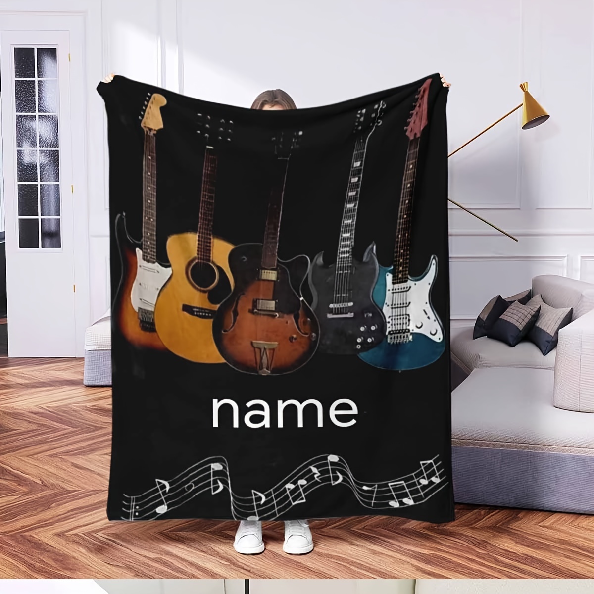 

Custom Guitar Pattern & Text Flannel Throw Blanket - Personalized 's Gift, For Couch, Bed, Travel, Camping, Living Room, Office - Machine Washable, Comfort