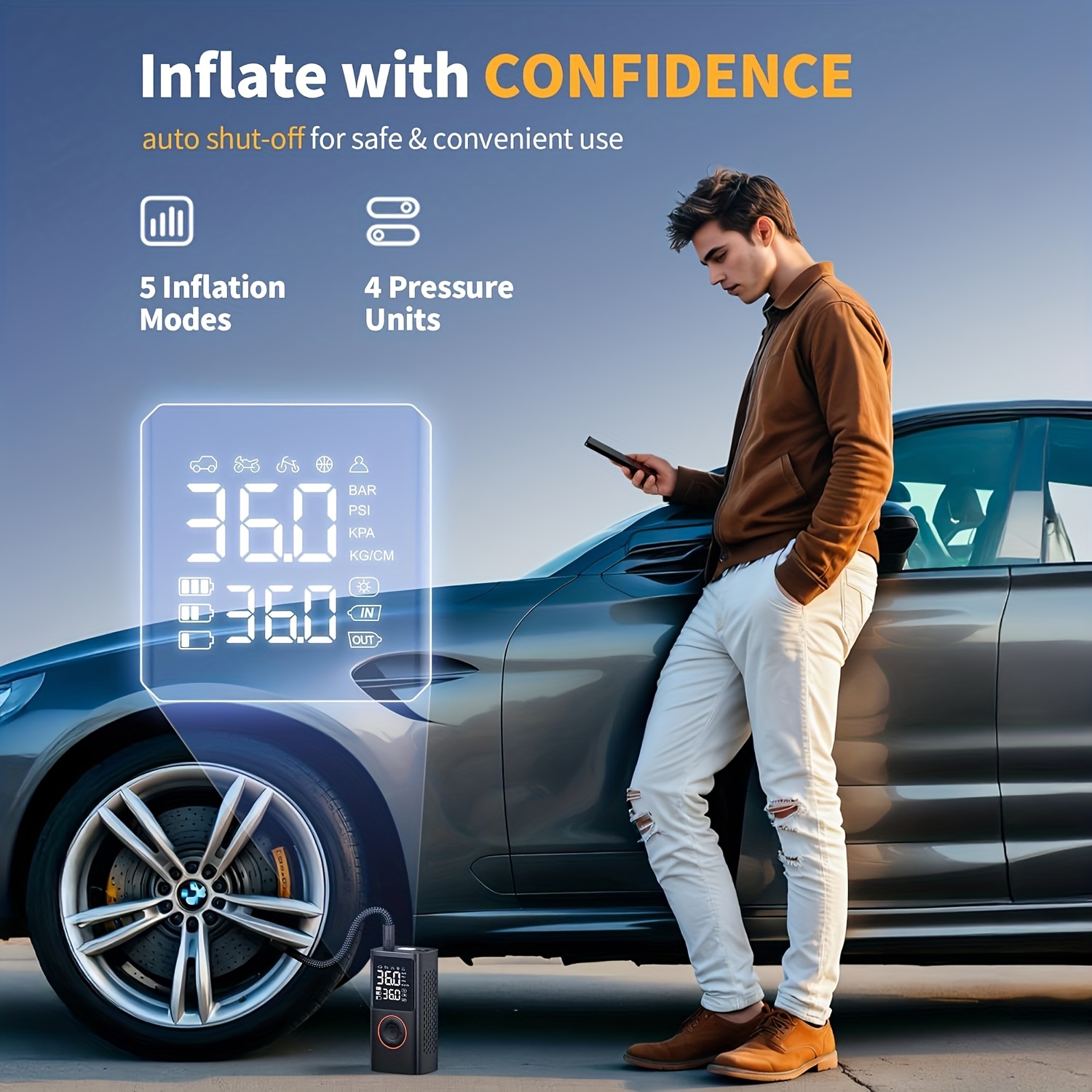 150 PSI Dual Display Cordless Tire Inflator with LED Light for tire pressure service detail image 1