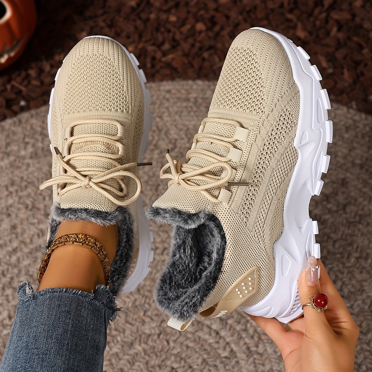 Plus Size Women's Warm Knitted Snow Sneakers for Outdoor Use