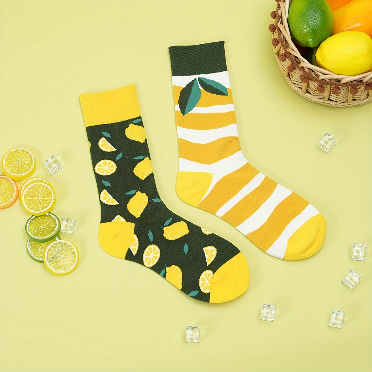 

Lemon & Striped Socks, Novelty Ab Style Unisex Mid Tube Socks, Women's Stockings & Hosiery