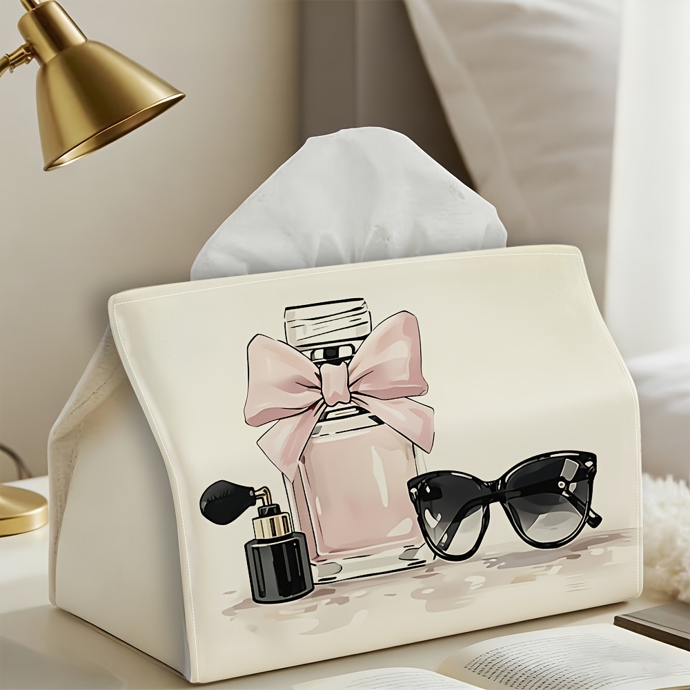 TEMU 1pc, Tissue Box, Multi Functional Napkin Organizer, Tissue Box Modern Minimalist Aesthetic, Elegant And Stylish Pink Perfume Glass Illustration,