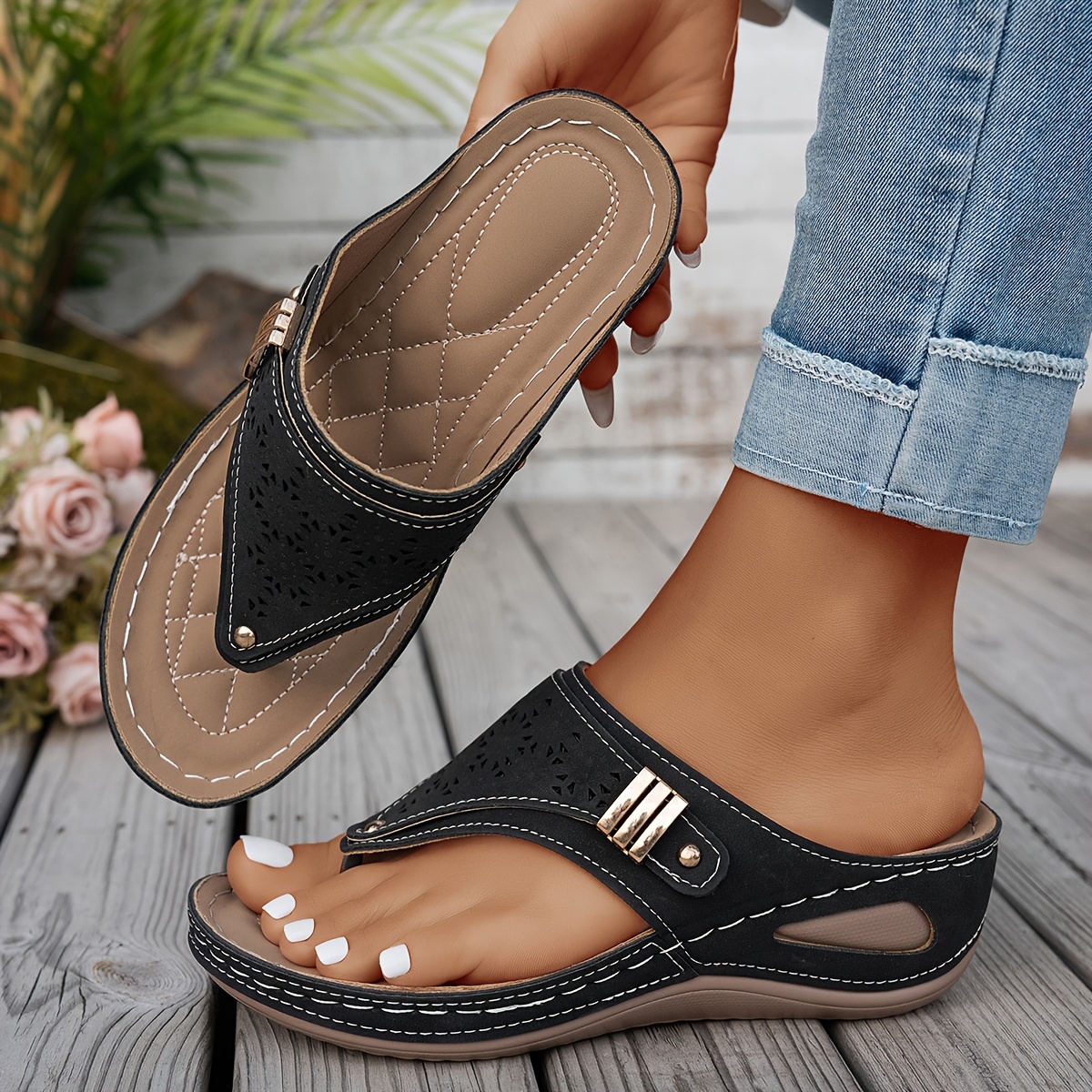 TEMU Sandales d'été pour femmes - Tendance, confortables et décontractées - Support de la voûte plantaire confortable, dessus synthétique respirant,