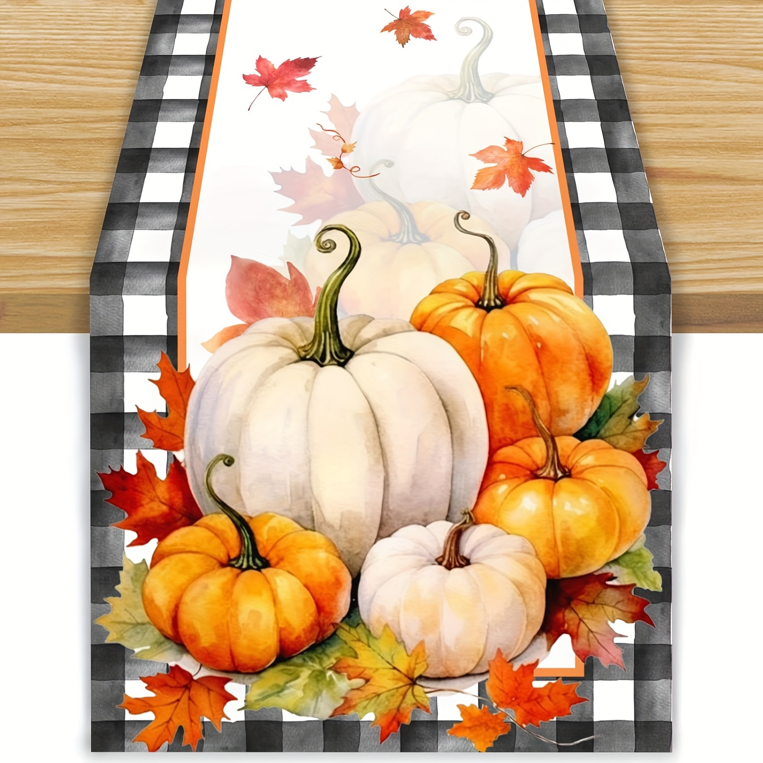 

Autumn Harvest Polyester Table Runner - Black & White Buffalo Plaid With Pumpkin And Maple Leaf Design, Perfect For Fall Farmhouse Decor, Indoor/outdoor Family Gatherings, 13" X 72