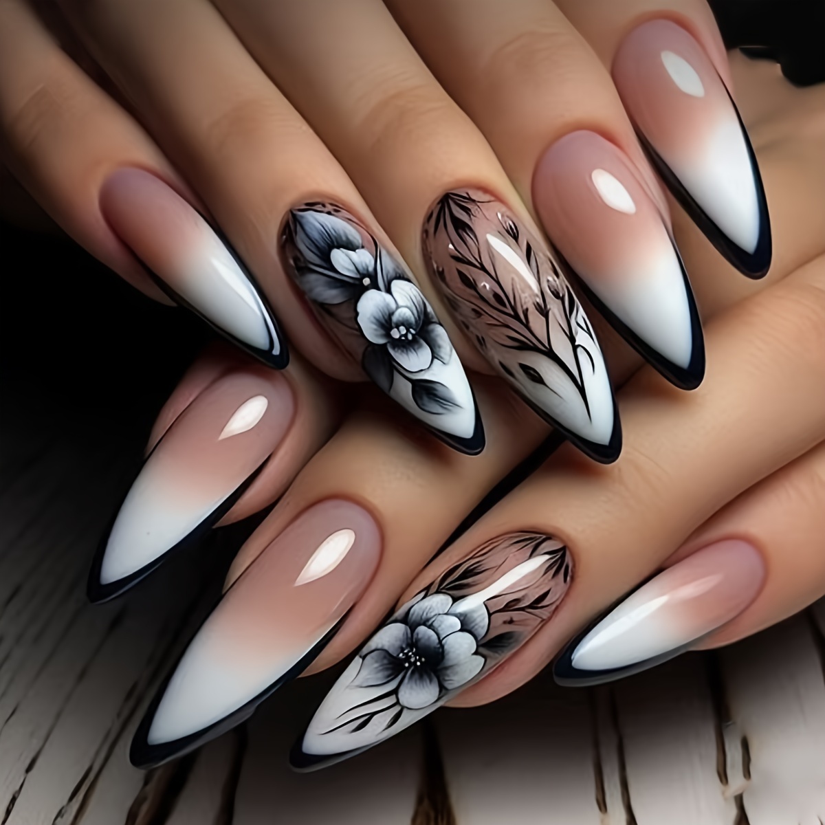 

Long Shaped Press On Nails With - Black French Tip Design With Gradient Base, Accented With Black Branch And Ink Floral Pattern, 24 Pieces Set