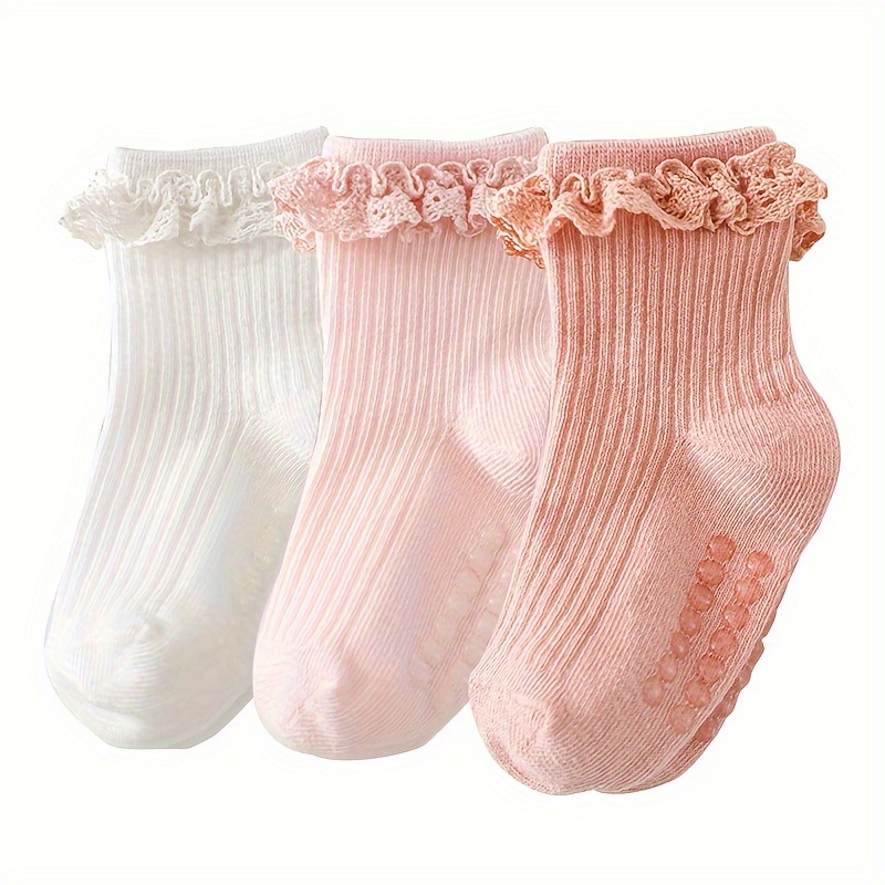 

3 Pairs Of Baby Girl's Plain Color Lace Ruffled Knitted Socks, Non-slip Cotton Blend Comfy Breathable Soft Crew Socks For Outdoor Wearing