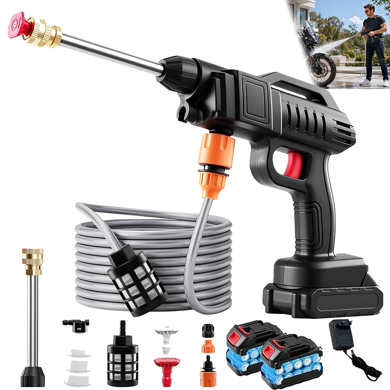 Image of Cordless High Pressure Washer, Portable High Pressure Washer, Electric Car Wash Machine, 1500w Motor, Includes 3 Nozzles, 2 Batteries, 5m Hose, 1 Charger, Ideal For Car Washi