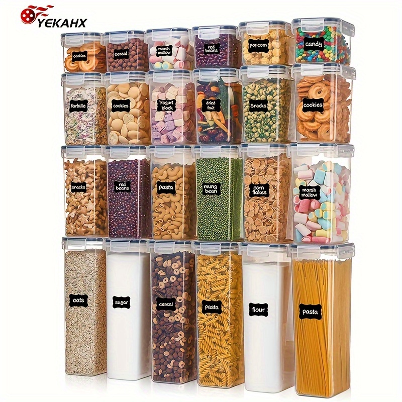 24-Pack Airtight Food Storage Containers with Lids - BPA-Free Plastic, Leak-Proof, Square Canisters for Cereal, Dry Food, Flour, Sugar - Dishwasher Safe, Includes 24 Labels