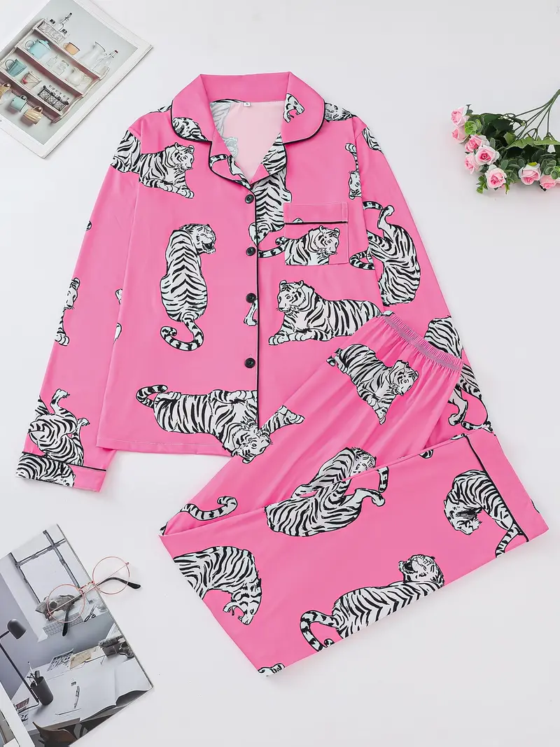 two piece elegant womens sleepwear set comfortable fabric long sleeved button up top with matching pants printed all over pocket details suitable for wear Product details 0
