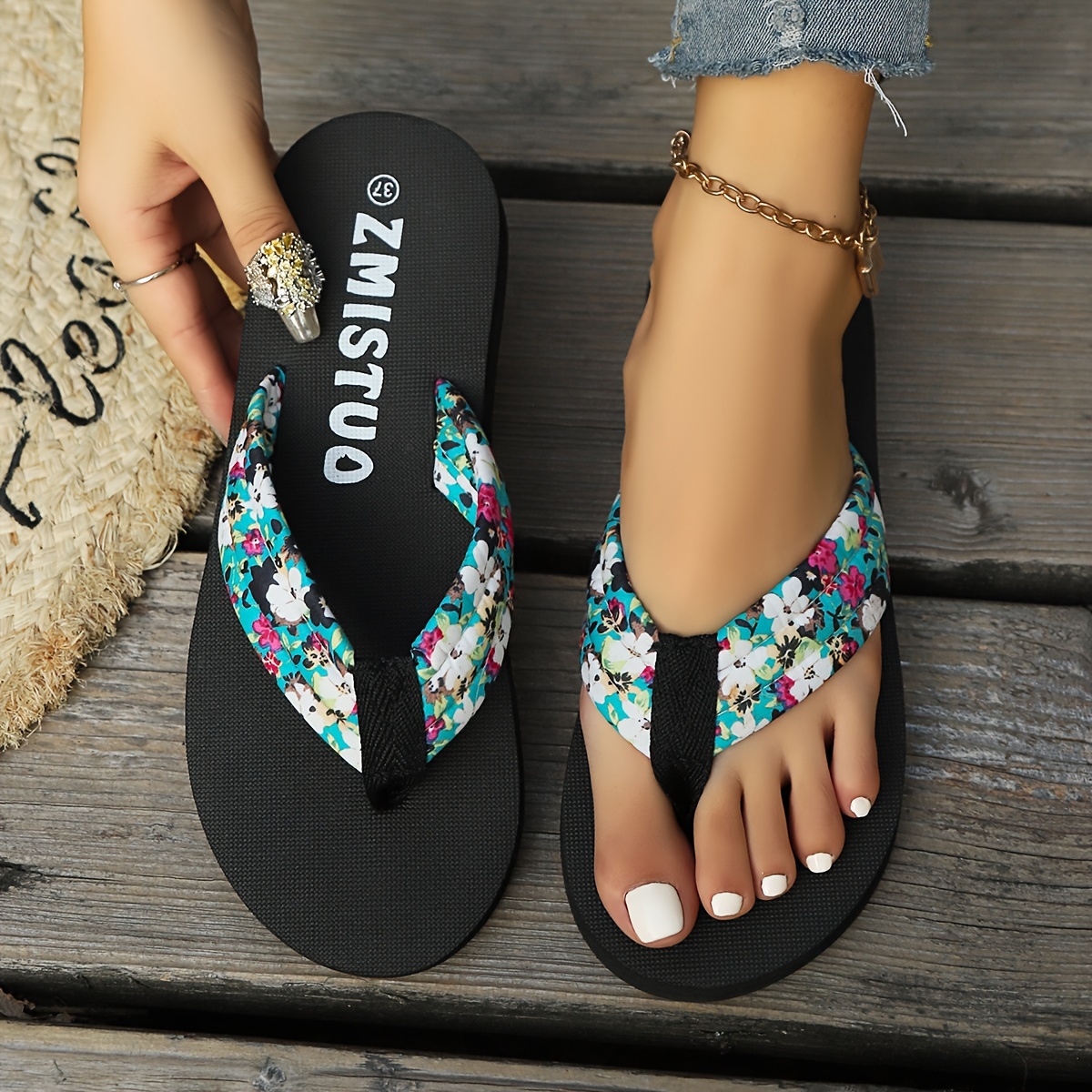 womens floral flip flops comfortable summer beach sandals with   sole breathable fabric upper Product details 5