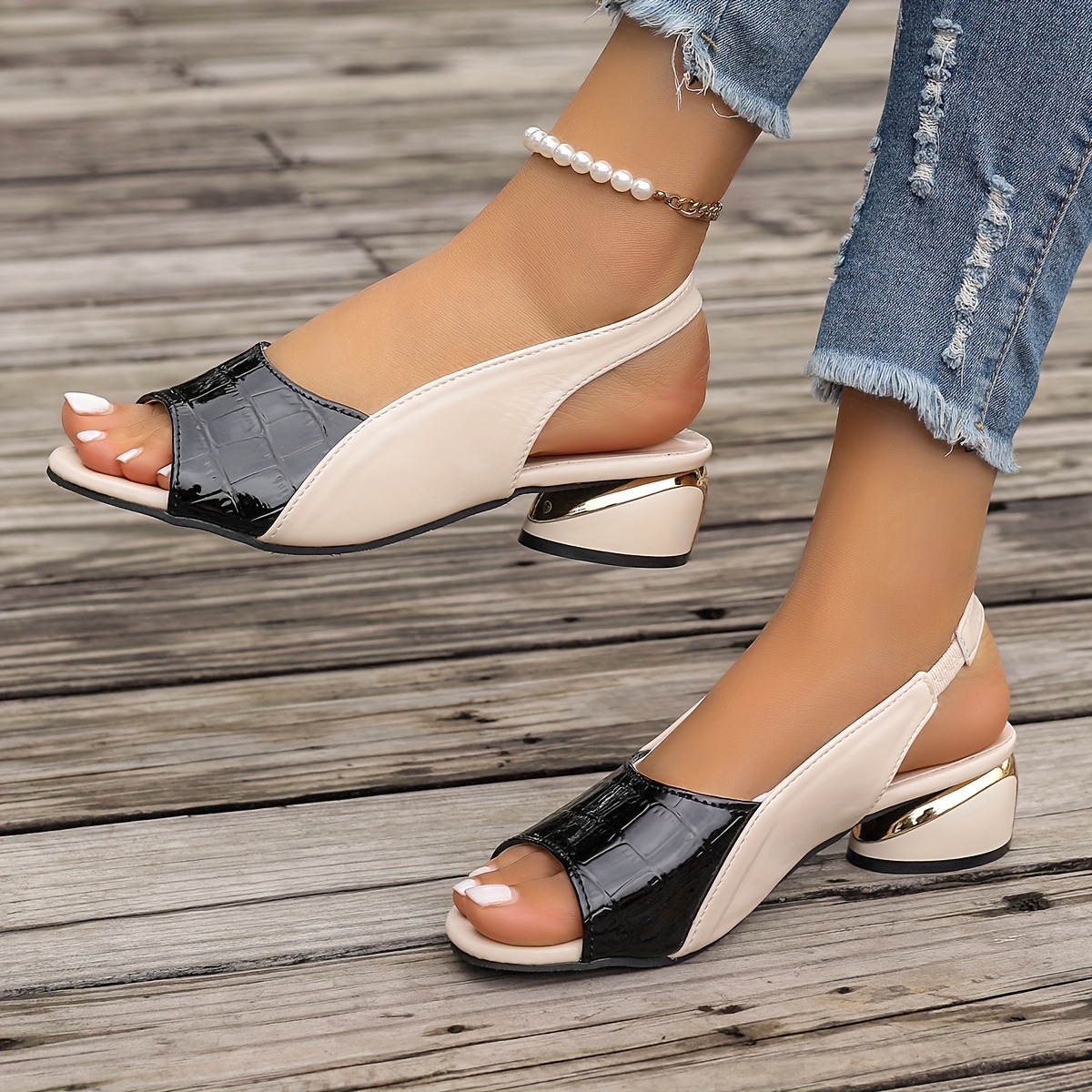 womens two tone elegant sandals with ankle cushioning checkered comfortable chunky heel casual open toe slip on shoes details 6
