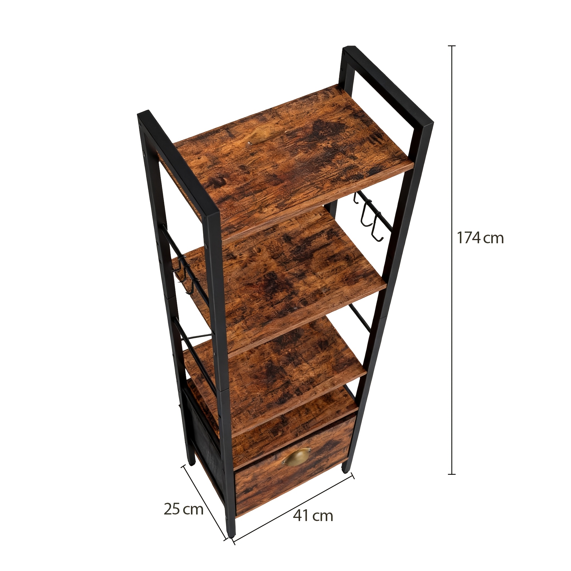 Image of 6-tier Bookcase, Narrow Bookcase, Upright Bookcase, Adjustable Shelves, Fabric-lined Drawers, Side Hooks, Suitable For The Living Room, Study Or Hallway, Space-, Storage Unit