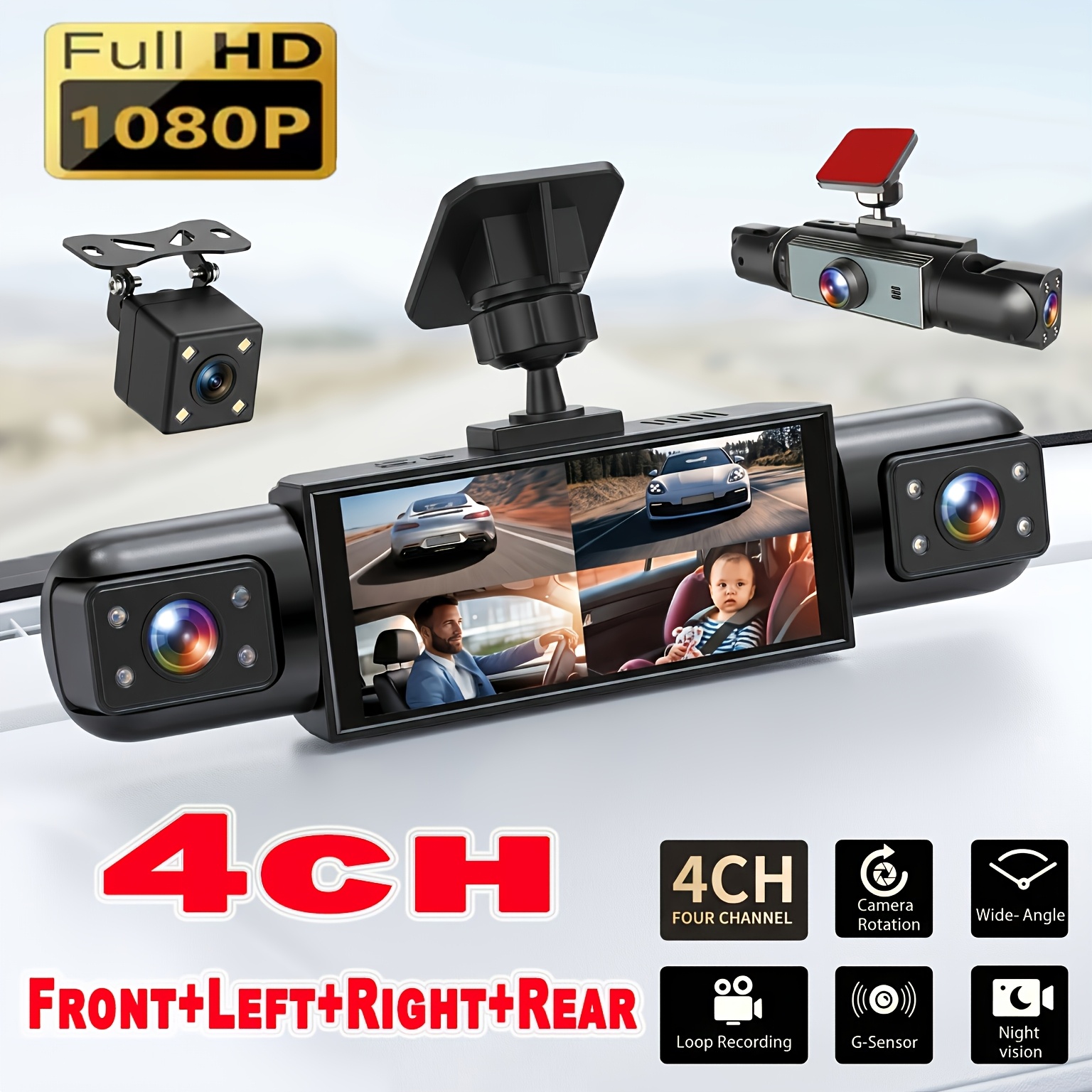 TEMU 1080p Hd 4-lens 360° Dash With Front/rear/ Cameras, Night Vision, & Loop Recording, Four-screen Display Suitable For Car, Trucks,, Motorcycles,