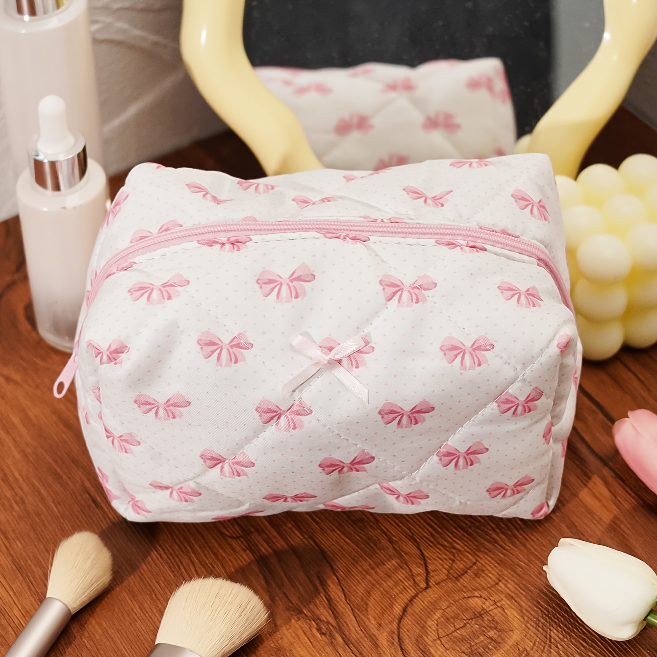 TEMU Sac de Maquillage à Nœud, Trousse de Toilette de Voyage, Trousse Cosmétique Matelassée, Pochette à Fermeture Éclair pour Pinceaux et Crayons