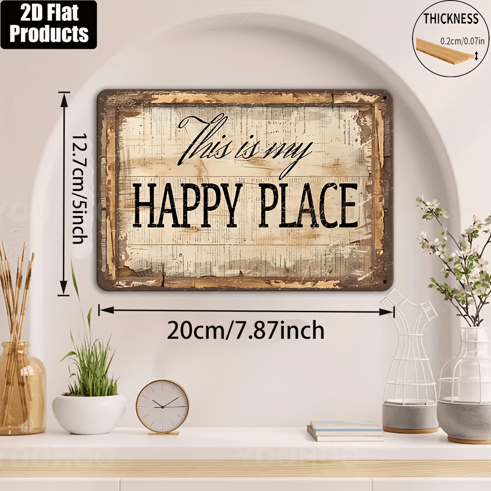 TEMU 2d Flat, A 2d Flat-printed Vintage-style Wooden Wall Sign With The Text " Happy ," Featuring A Distressed Beige And . Decorating A Living Room,