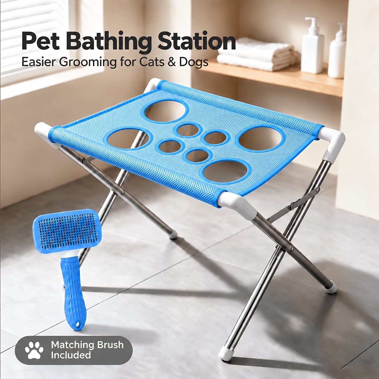 TEMU Tapete de para mascotas con peine, cama colgante para gatos y perros, juego de soporte plegable para bañera de perro, lavabo con orificio de