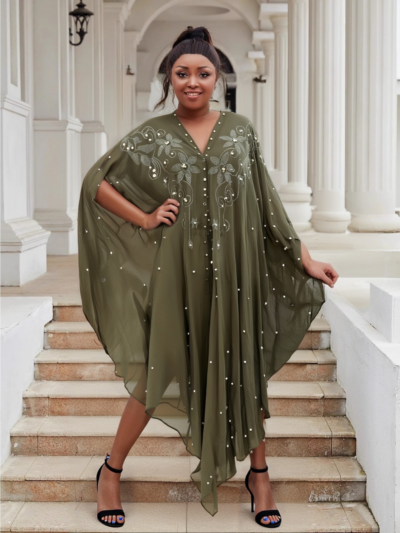 womens batwing sleeve sheer mesh studded cape dress hooded - Temu
