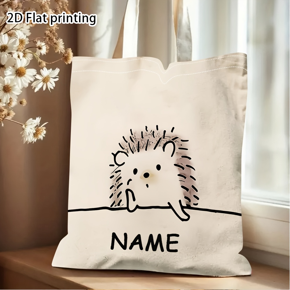 TEMU 1pc Name/text Tote Bag Suitable For Picnics, Grocery Runs & Gifts - Cute Hedgehog Print With Name/text, Minimalist Line Art, Bag For &, Machine