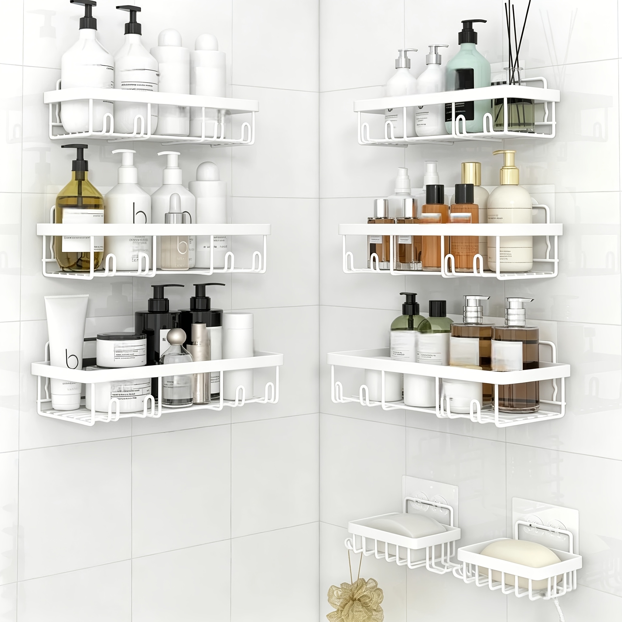 TEMU Lot de 8 étagères porte-savonnettes de douche, panier de rangement mural auto-adhésif, porte-shampoing en acier inoxydable antirouille, ensemble