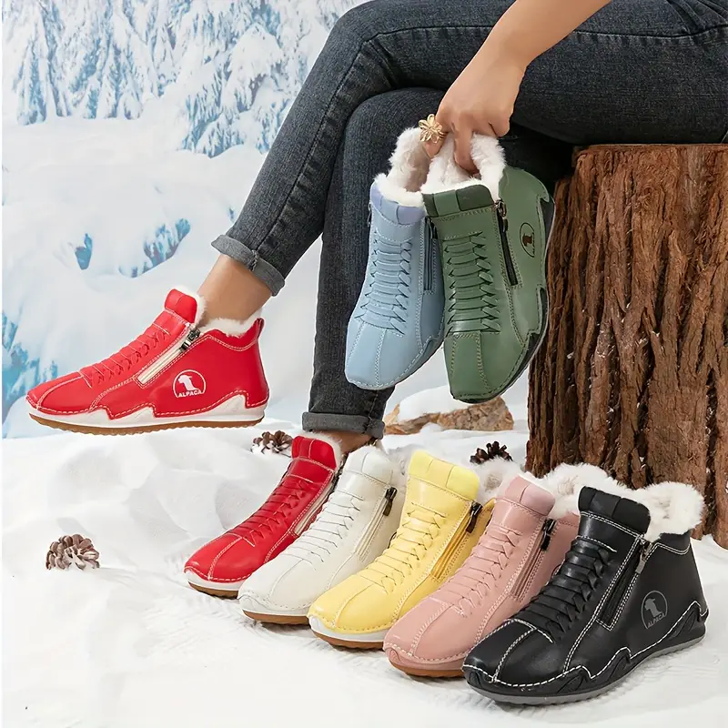 womens winter ankle short boots with plush lining warm zipper lace up closure round toe flat sole multi color options red blue white pink green washable synthetic cover casual boots for wear light outdoor activities winter boots for women elegant classy boots with heels wide width boots for women winter boots for women high quality snow boots shoes for women Product details 0