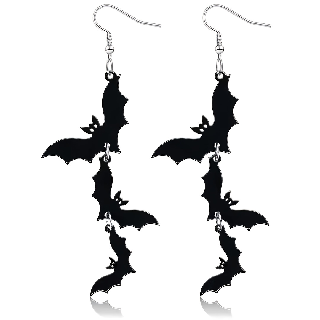 TEMU 1 Pair Of Women's Gothic Y2k Black Triple Pendant Bat Earrings, And Niche Clothing Accessories, Suitable For Daily Halloween, Christmas Ball
