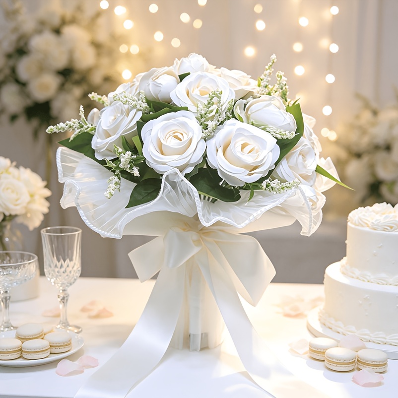TEMU artificielles élégant pour mariée ou d', bouquet de de fleurs artificielles avec roses simulées et ruban de feuillage vert, idéal pour , les
