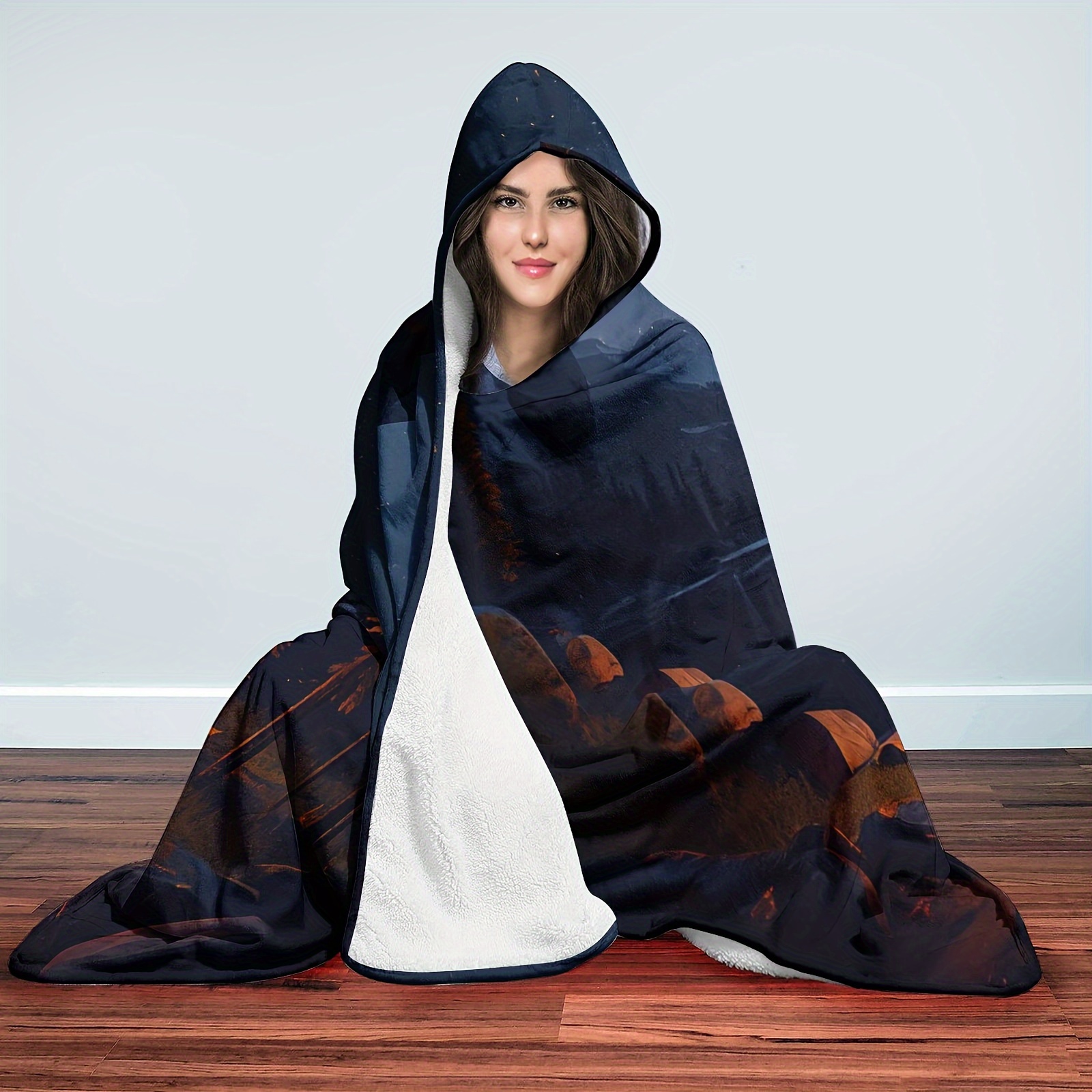 TEMU Launch 1pc Camping Pattern Hooded Blanket, Digital Printed Flannel Throw, Blanket, Soft And Warm Blanket Suitable For Sofa Cover, Blanket, Air