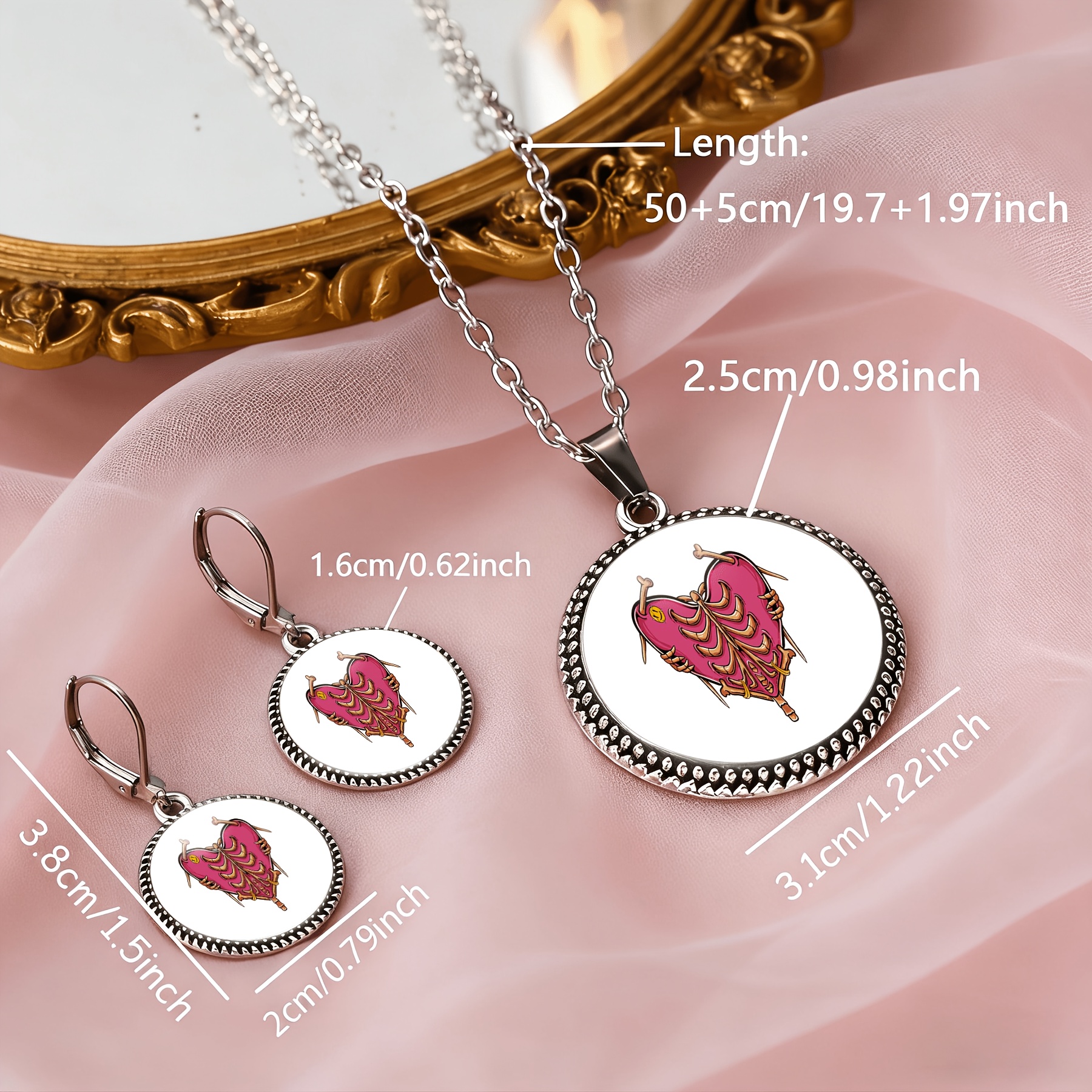 3pc Pink Heart Necklace & Earrings Set for Women, Classic Design