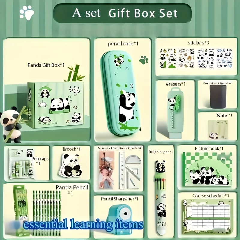 

14pcs -themed Stationery Set - Creative Gift Box With Plush, Notebooks & More | Ideal For School & , School Supplies|pandathemed Design| Stationery Items